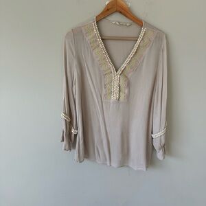Women's Beige Embroidered V-Neck Top